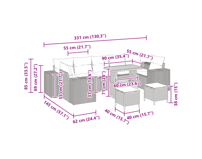 Sonata H 10-частен градински диван комплект с възглавници сив полирани ратанови акации