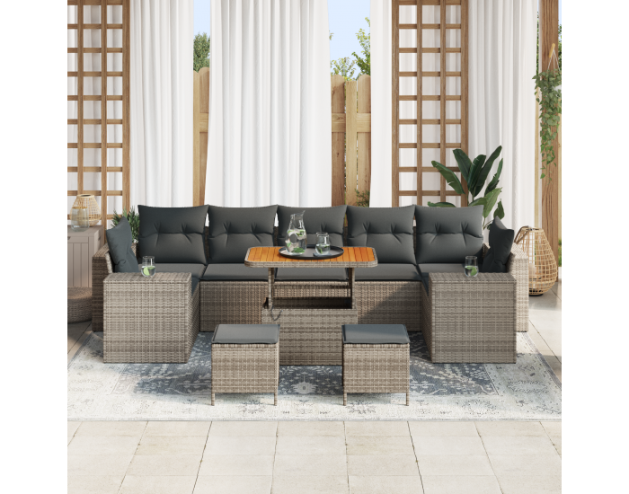 Sonata H 10-частен градински диван комплект с възглавници сив полирани ратанови акации