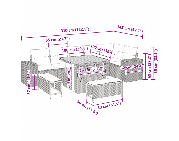Комплект от 9 части градински диван с възглавници бежов полиратан и акация