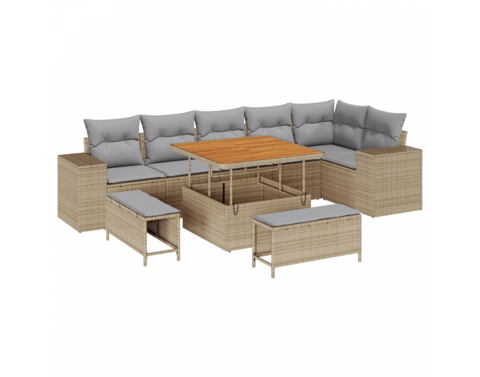 Комплект от 9 части градински диван с възглавници бежов полиратан и акация