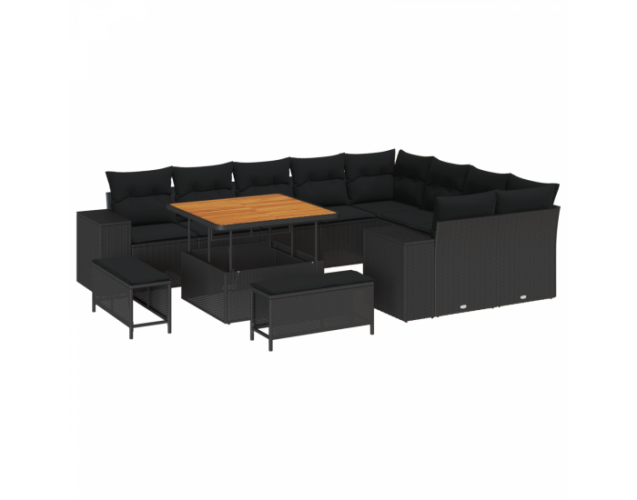 12 частен комплект градински диван с възглавници черен полиратан акация