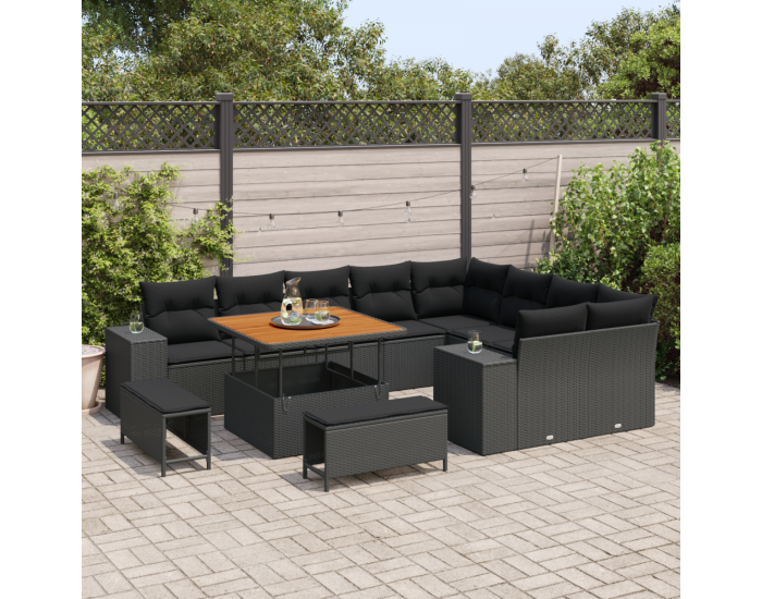 12 частен комплект градински диван с възглавници черен полиратан акация
