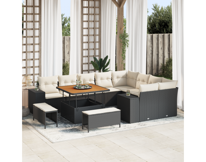 Sonata H 12 Членен Сет за Градина с Възглавници Черен Полиротан Акация