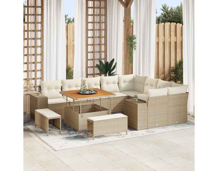 Sonata H 12-частен градински диван комплект с възглавници, бежов полиестерен ратан и акация