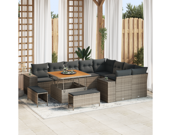 Sonata H 12-частен градински диван комплект с възглавници сиво полиратан акация