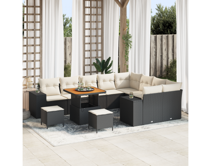 Sonata H 12 Части Градински Диван с Възглавници Черен Полирано Ратан