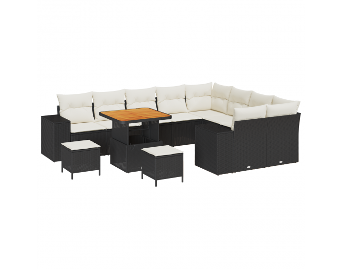 Sonata H 12 Части Градински Диван с Възглавници Черен Полирано Ратан