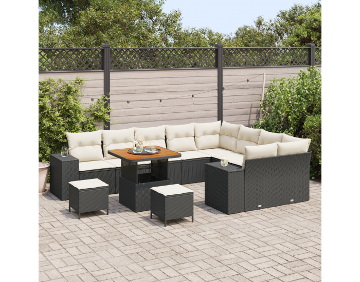 Sonata H 12 Части Градински Диван с Възглавници Черен Полирано Ратан