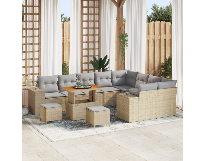 Комплект градински диван с възглавници Бежов поли ратан акация - 12 части