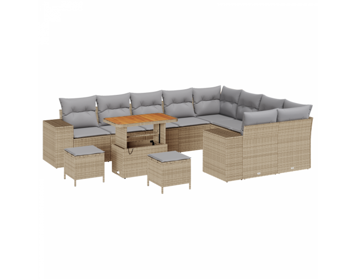 Комплект градински диван с възглавници Бежов поли ратан акация - 12 части