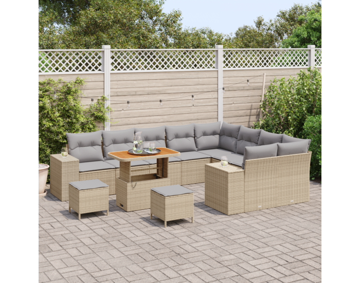 Комплект градински диван с възглавници Бежов поли ратан акация - 12 части