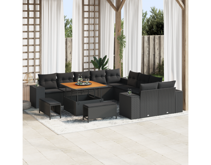 Комплект градински диван Sonata H от 13 части с възглавници Черен Полиратан Акация