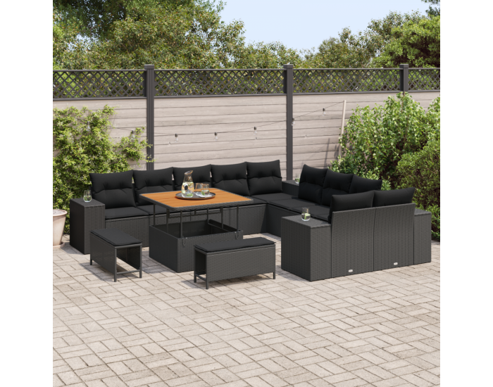 Комплект градински диван Sonata H от 13 части с възглавници Черен Полиратан Акация