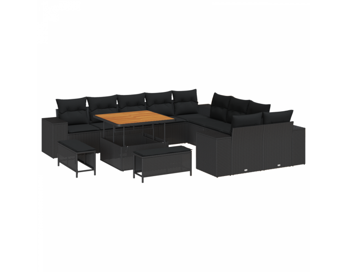 Комплект градински диван Sonata H от 13 части с възглавници Черен Полиратан Акация