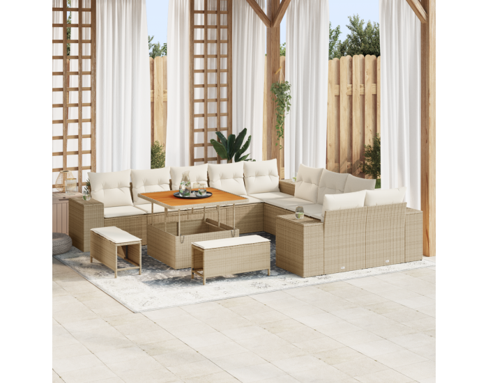 Комплект градински дивани Sonata H от 13 части с възглавници Бежово Полиратан Акация