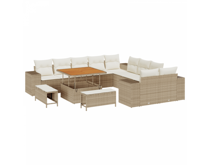 Комплект градински дивани Sonata H от 13 части с възглавници Бежово Полиратан Акация