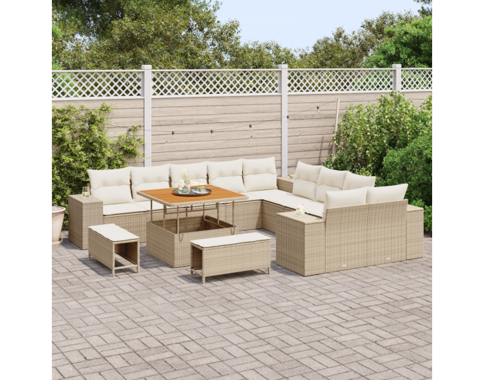 Комплект градински дивани Sonata H от 13 части с възглавници Бежово Полиратан Акация