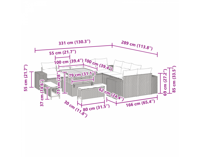 Комплект градински дивани Sonata H от 13 части с възглавници Бежово Полиратан Акация