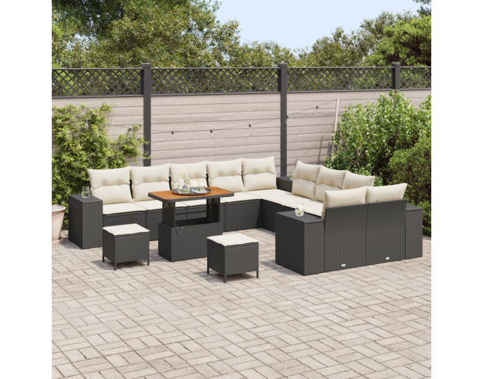 Комплект градински диван Sonata H от 13 части с възглавници Черен Полиратан Акация