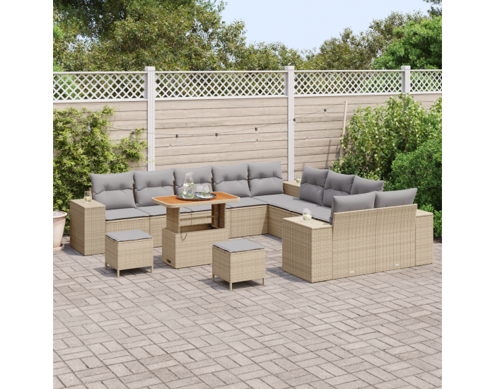 Sonata H 13 Частен Градински Диван Комплект С Възглавници Бежов Поли Ратан Акация