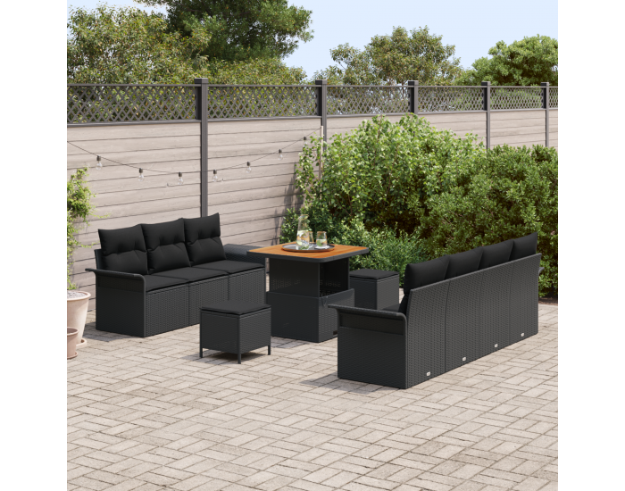 Sonata H 10-частов комплект за градински диван с възглавници черен полиратан акация