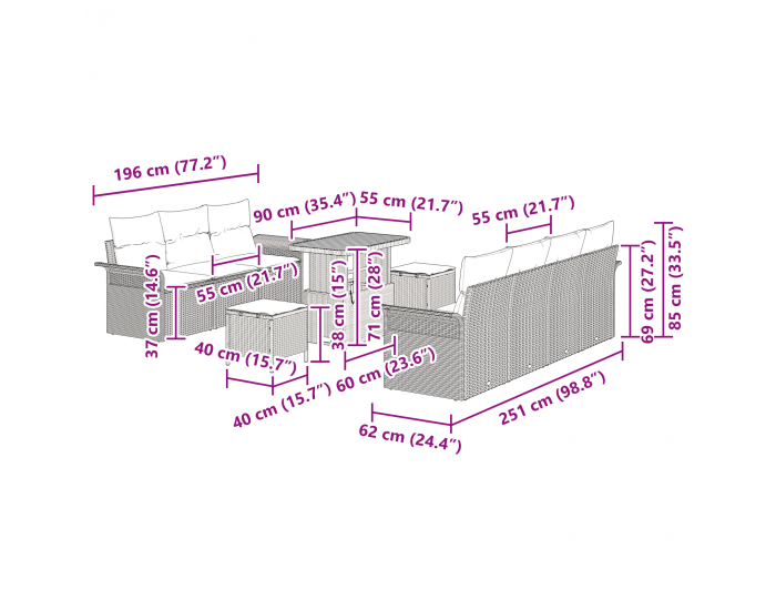 Sonata H 10 Часов Комплект Градински Диван с Възглавници Черен Полиротан Акация