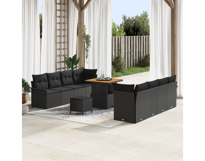 Sonata H 11-частен комплект градински дивани с възглавници черен поли ротан акация