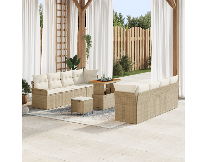 Sonata H 11-частен комплект диван за градина с възглавници Бежов Полиратан Акация