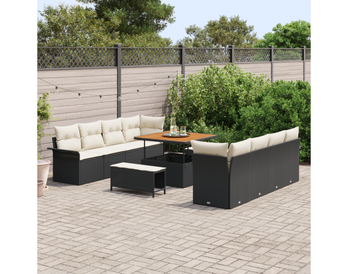 Sonata H 11 части градински диван с възглавници Черен полиратан акация