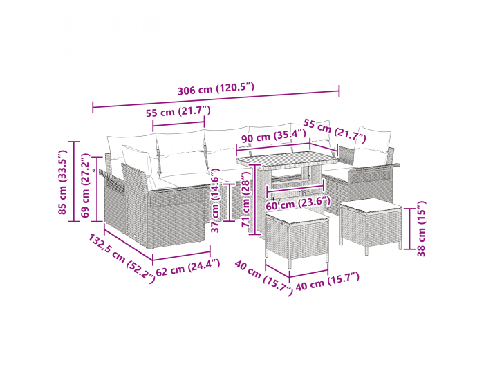 Sonata H 10-частов градински диван комплект с възглавници сив поли ратан анасон