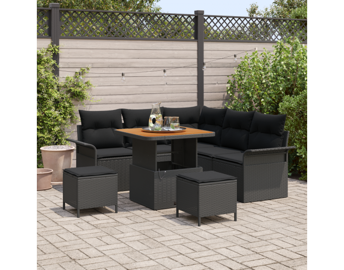 8-частов градински диван комплект с възглавници Черен Полипропилен Акация