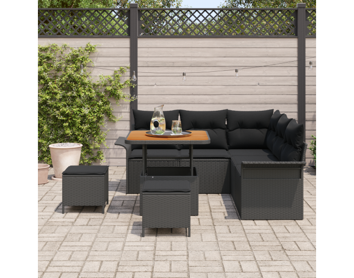 8-частов градински диван комплект с възглавници Черен Полипропилен Акация