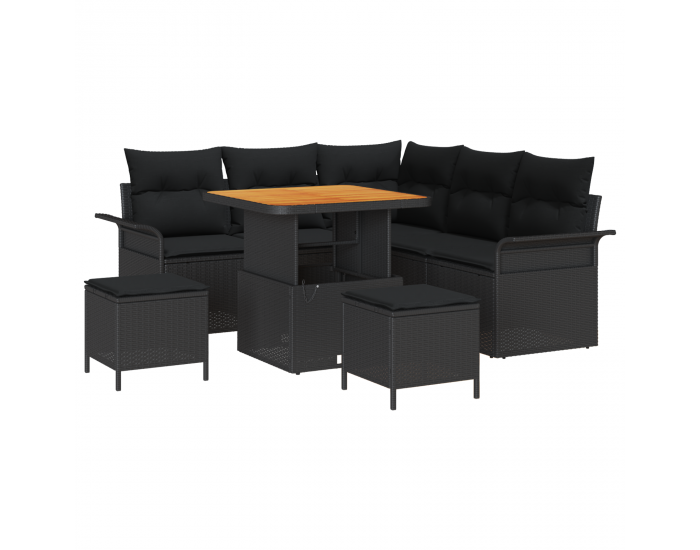 8-частов градински диван комплект с възглавници Черен Полипропилен Акация