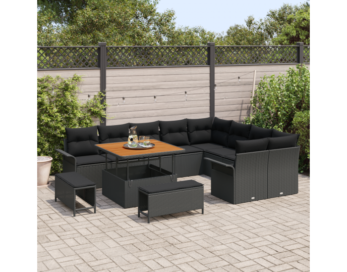 Sonata H 12 Частен Градински Диван с Възглавници Черен Полиратан Акациева