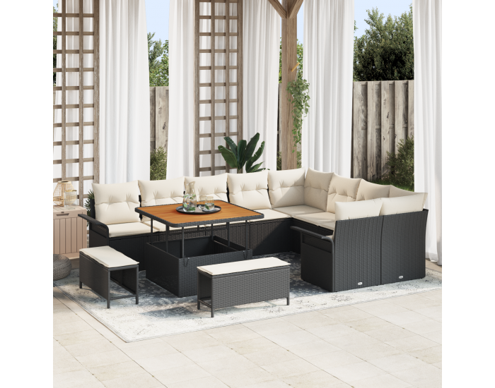 Sonata H 12 части градински диван комплект с възглавници черно полиратан акация