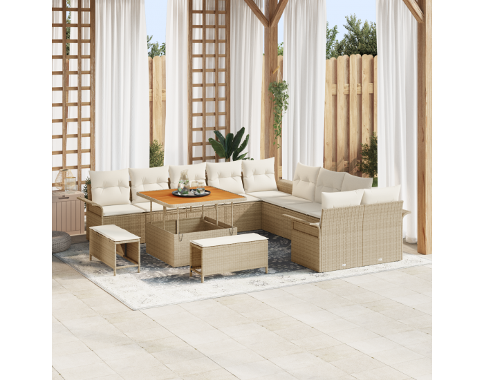 13 части градински диван комплект с възглавници Бежов Полиратан Акация