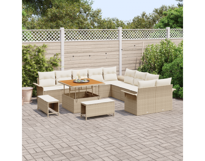 13 части градински диван комплект с възглавници Бежов Полиратан Акация