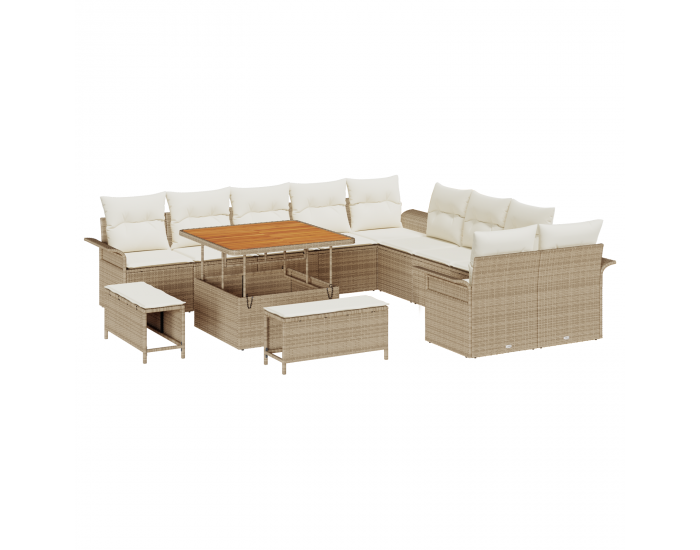 13 части градински диван комплект с възглавници Бежов Полиратан Акация