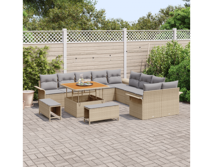 Sonata H 13 Частен комплект градински диван с възглавници Бежов Полиестерен ратан Акация