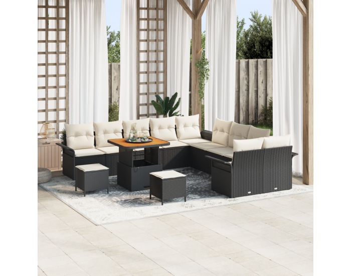 Комплект градински диван от 13 части с възглавници черен полиратан акация