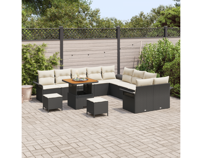 Комплект градински диван от 13 части с възглавници черен полиратан акация