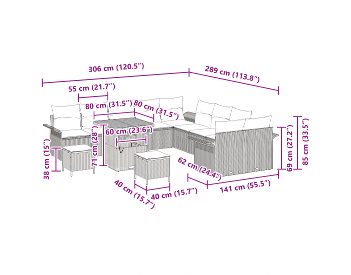 13 части градински комплект дивани с възглавници Бежов полиратан, Акация