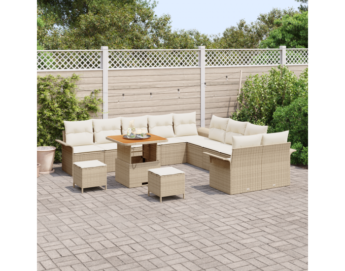 13 части градински комплект дивани с възглавници Бежов полиратан, Акация