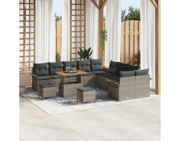 градински комплект Sonata H от 13 части с възглавници сив полиратан акация