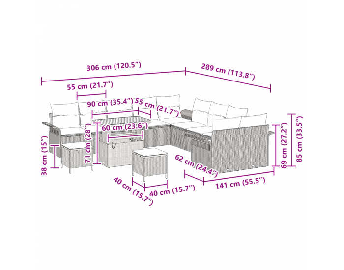 градински комплект Sonata H от 13 части с възглавници сив полиратан акация