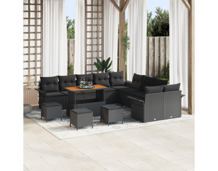 14 части градински сет с възглавници, черен, полираатан, акация