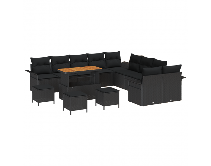 14 части градински сет с възглавници, черен, полираатан, акация