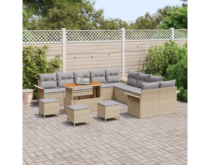 14 Частен Градински Диван с Възглавници Бежов Полиратан Акация