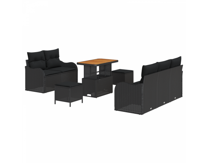 Комплект от 8 части градинска софа с възглавници черен полиратан Акакция