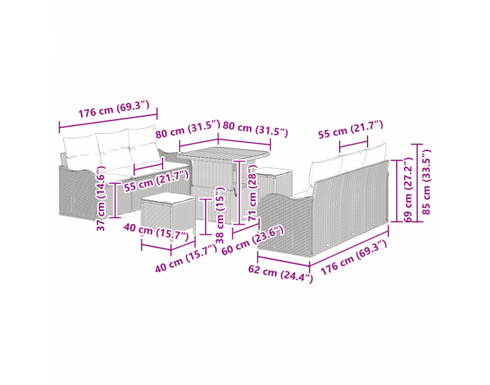Комплект от 9 части градински диван на Sonata H с възглавници черен полиратан акация